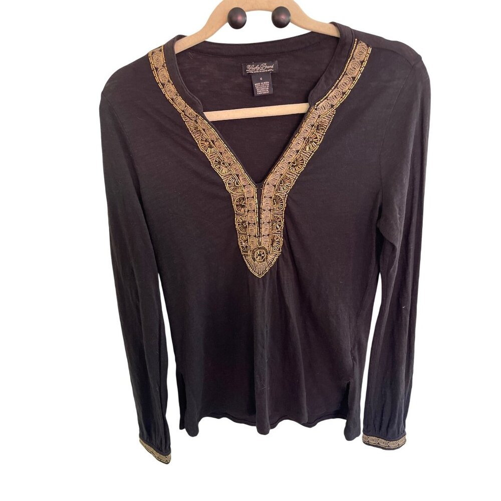 Lucky Brand Tunic Black Gold Beaded Embroidered Size S Cotton India